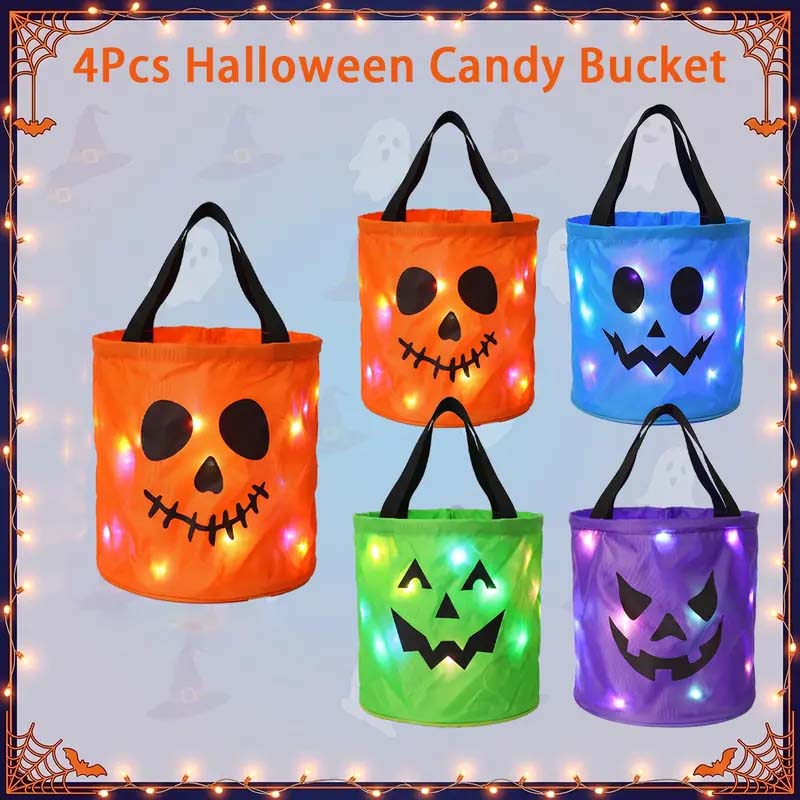 LED Light Up Halloween Pumpkin Candy Bucket 3/4 Pack, Non-Woven Reusable Trick or Treat Tote Bags for Kids & Adults, Halloween Party Supplies