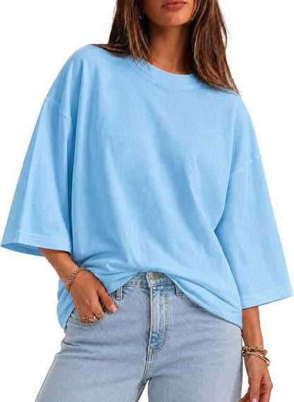 Womens Oversized T-Shirt Casual 3/4 Sleeve Summer Boxy Tops Loose Fit Crew Neck Basic Shirts