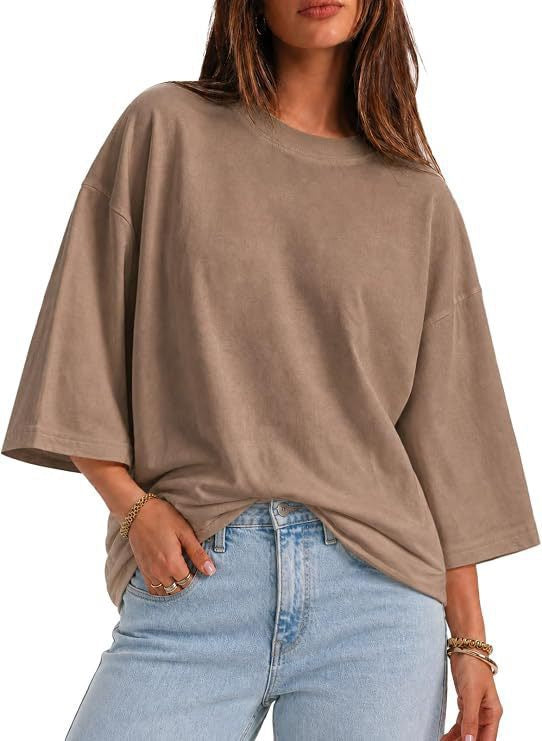 Womens Oversized T-Shirt Casual 3/4 Sleeve Summer Boxy Tops Loose Fit Crew Neck Basic Shirts
