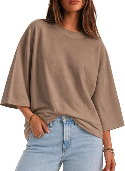 Womens Oversized T-Shirt Casual 3/4 Sleeve Summer Boxy Tops Loose Fit Crew Neck Basic Shirts
