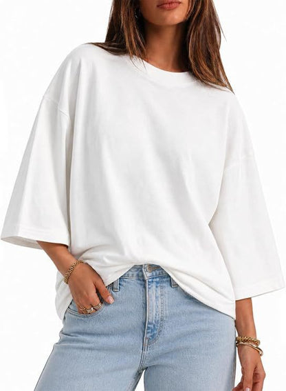 Womens Oversized T-Shirt Casual 3/4 Sleeve Summer Boxy Tops Loose Fit Crew Neck Basic Shirts
