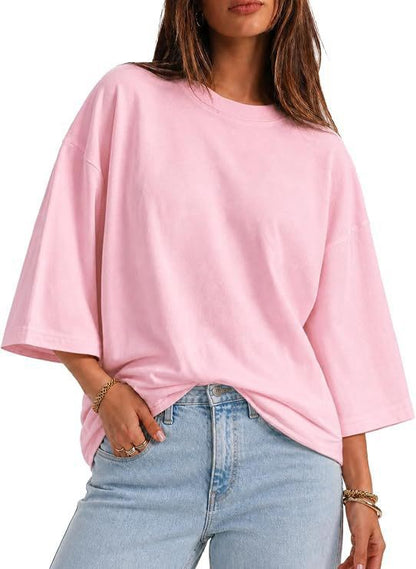 Womens Oversized T-Shirt Casual 3/4 Sleeve Summer Boxy Tops Loose Fit Crew Neck Basic Shirts