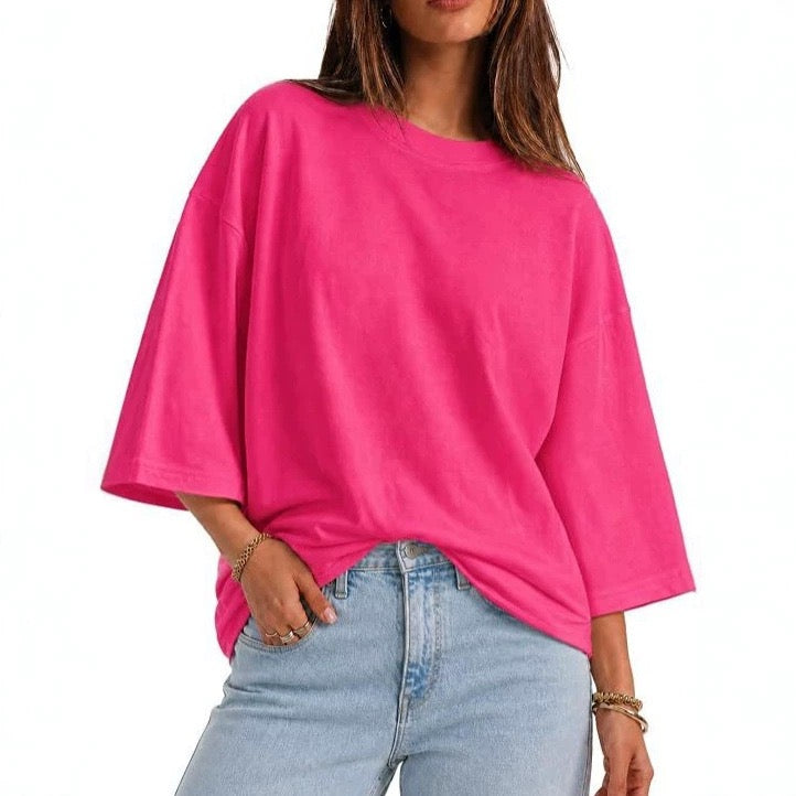 Womens Oversized T-Shirt Casual 3/4 Sleeve Summer Boxy Tops Loose Fit Crew Neck Basic Shirts
