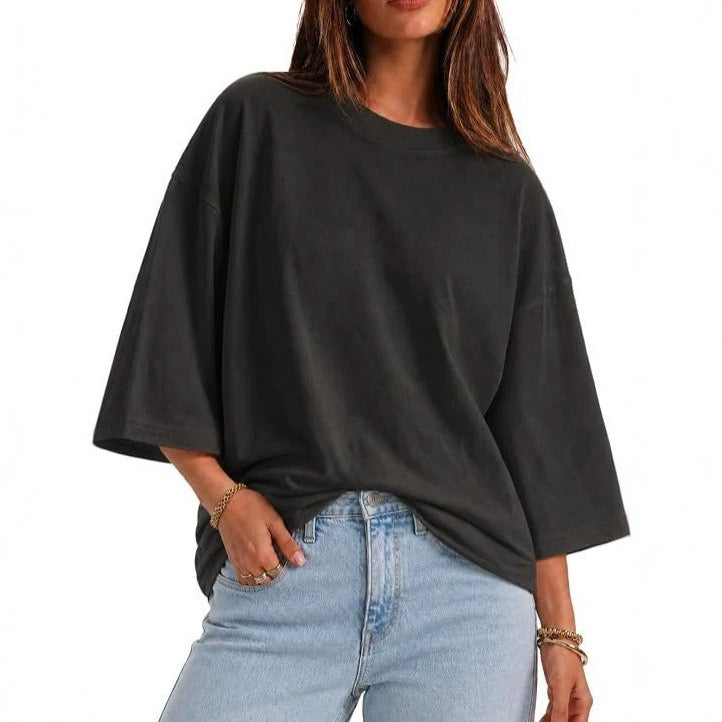 Womens Oversized T-Shirt Casual 3/4 Sleeve Summer Boxy Tops Loose Fit Crew Neck Basic Shirts