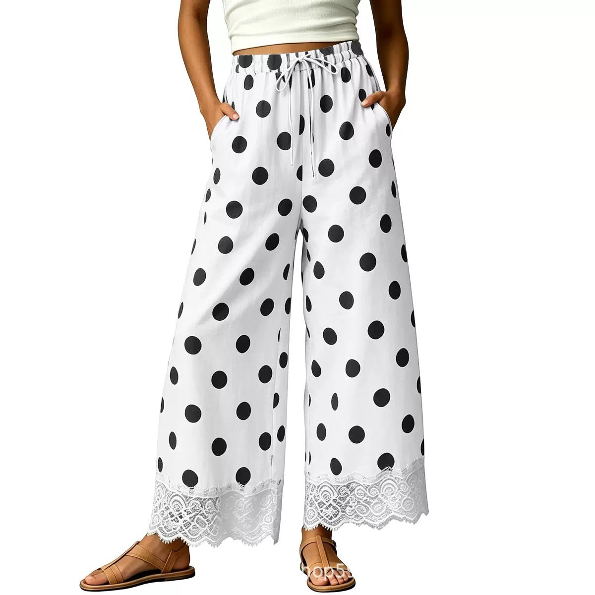 Womens Polka Dot Wide Leg Palazzo Pants High Waisted Summer Lace Trim Cropped Baggy Trousers with Pockets