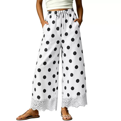 Womens Polka Dot Wide Leg Palazzo Pants High Waisted Summer Lace Trim Cropped Baggy Trousers with Pockets