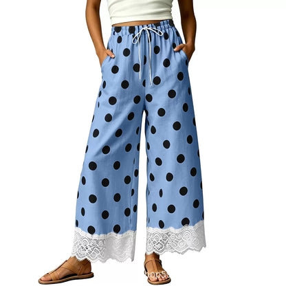 Womens Polka Dot Wide Leg Palazzo Pants High Waisted Summer Lace Trim Cropped Baggy Trousers with Pockets