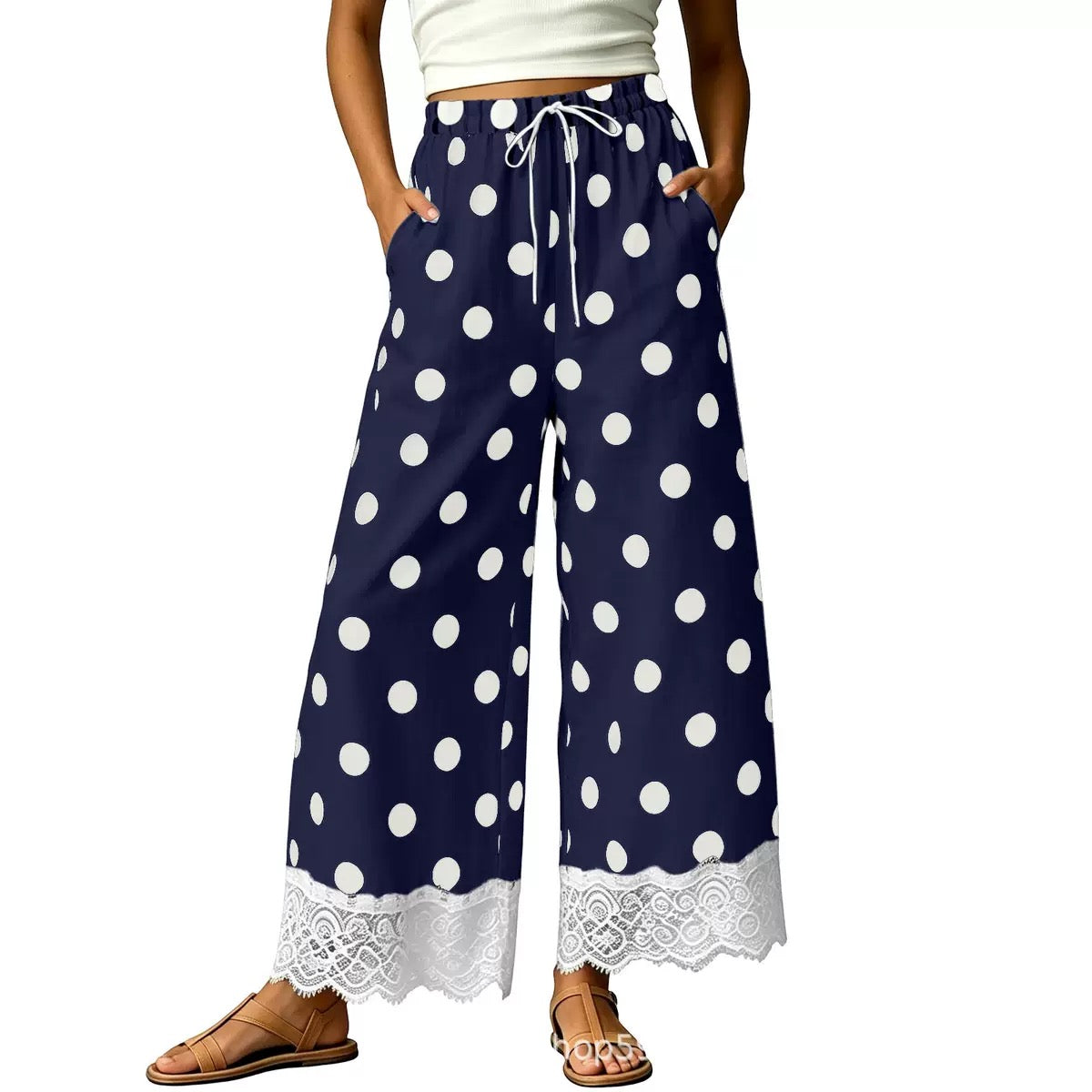 Womens Polka Dot Wide Leg Palazzo Pants High Waisted Summer Lace Trim Cropped Baggy Trousers with Pockets