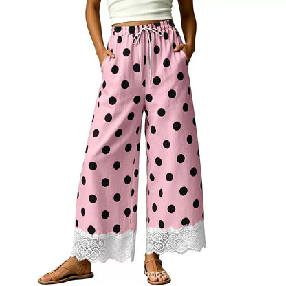 Womens Polka Dot Wide Leg Palazzo Pants High Waisted Summer Lace Trim Cropped Baggy Trousers with Pockets