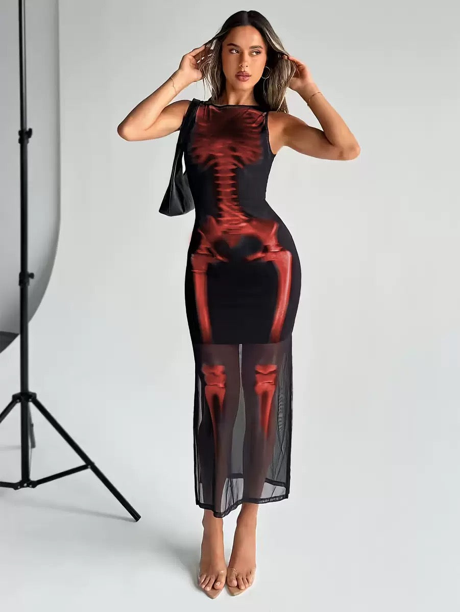 Women's Stretchy Skeleton Print Bodycon Midi Dress, Sleeveless Crew Neck Sheer Mesh Overlay Going Out Outfit for Parties, Female Stylish Clothes, Goth Gifts, Trending, Night Out Clothes For Women, Midi Dresses