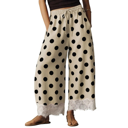 Womens Polka Dot Wide Leg Palazzo Pants High Waisted Summer Lace Trim Cropped Baggy Trousers with Pockets