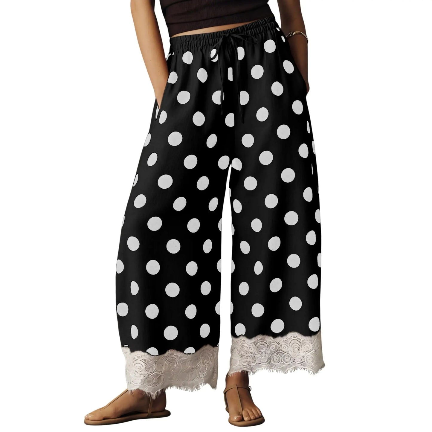 Womens Polka Dot Wide Leg Palazzo Pants High Waisted Summer Lace Trim Cropped Baggy Trousers with Pockets