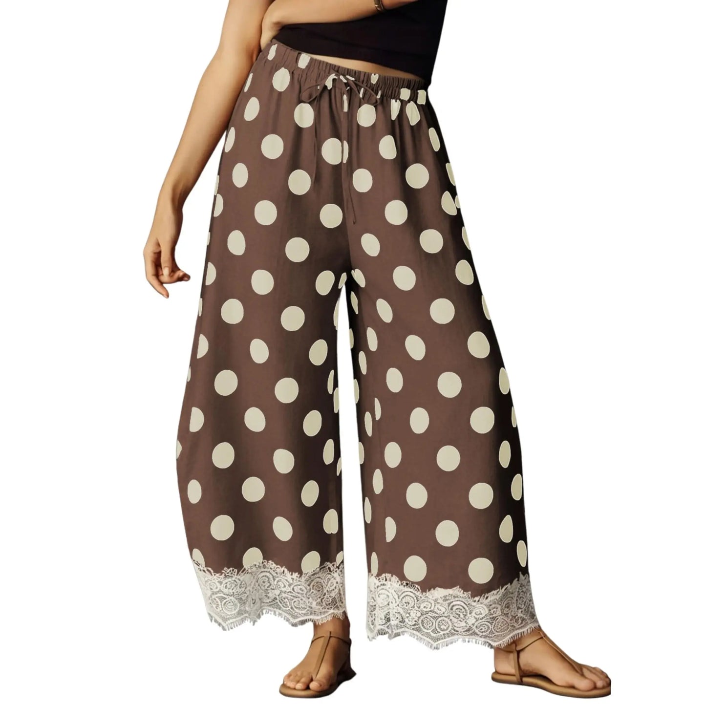 Womens Polka Dot Wide Leg Palazzo Pants High Waisted Summer Lace Trim Cropped Baggy Trousers with Pockets