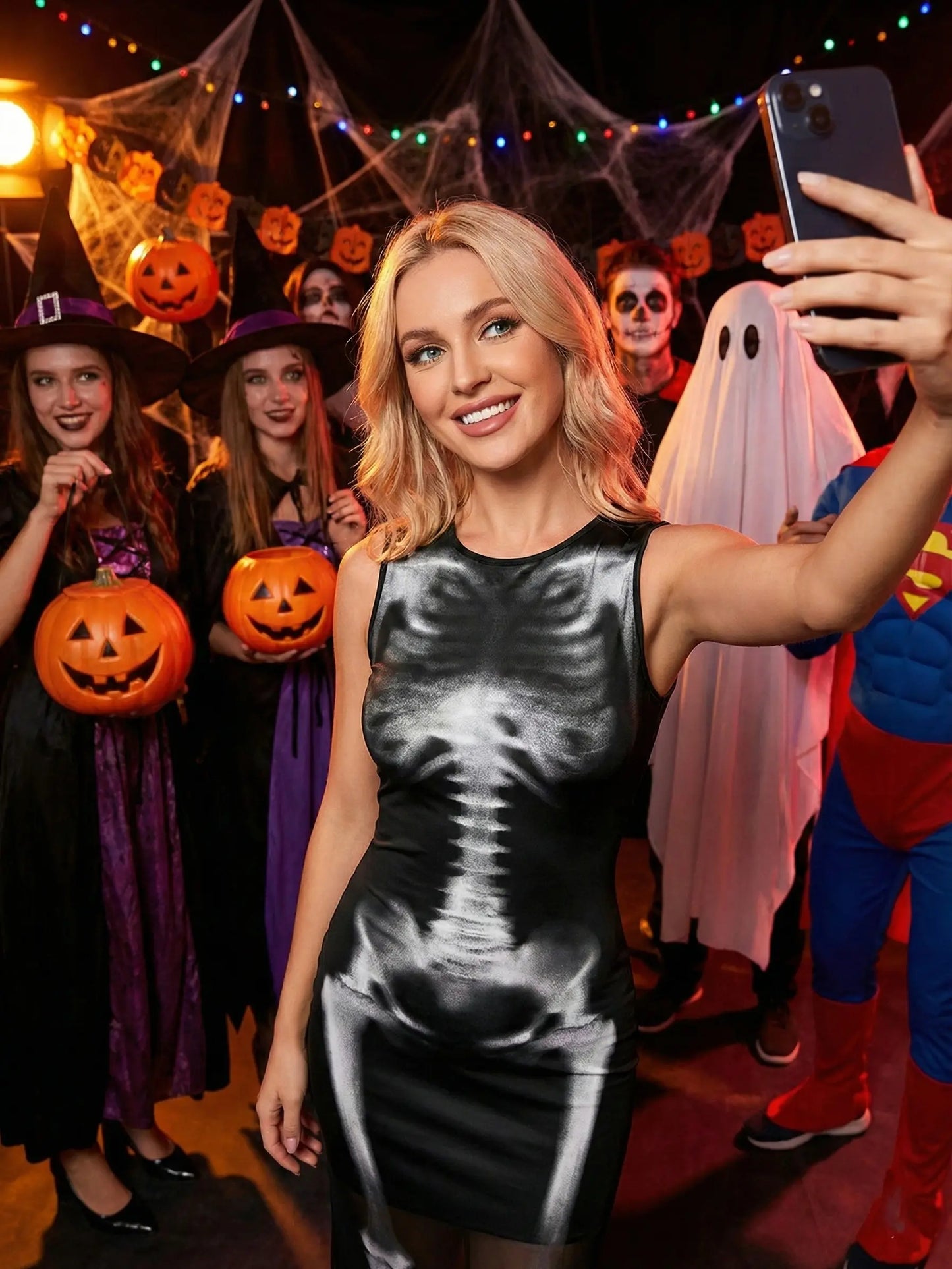 Women's Stretchy Skeleton Print Bodycon Midi Dress, Sleeveless Crew Neck Sheer Mesh Overlay Going Out Outfit for Parties, Female Stylish Clothes, Goth Gifts, Trending, Night Out Clothes For Women, Midi Dresses