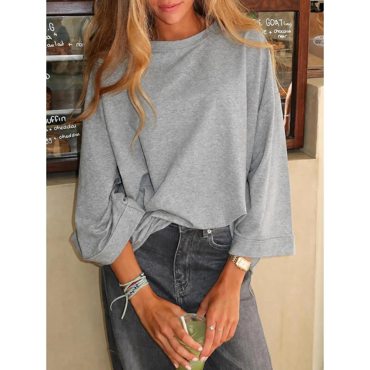 Womens Oversized T-Shirt Casual 3/4 Sleeve Summer Boxy Tops Loose Fit Crew Neck Basic Shirts