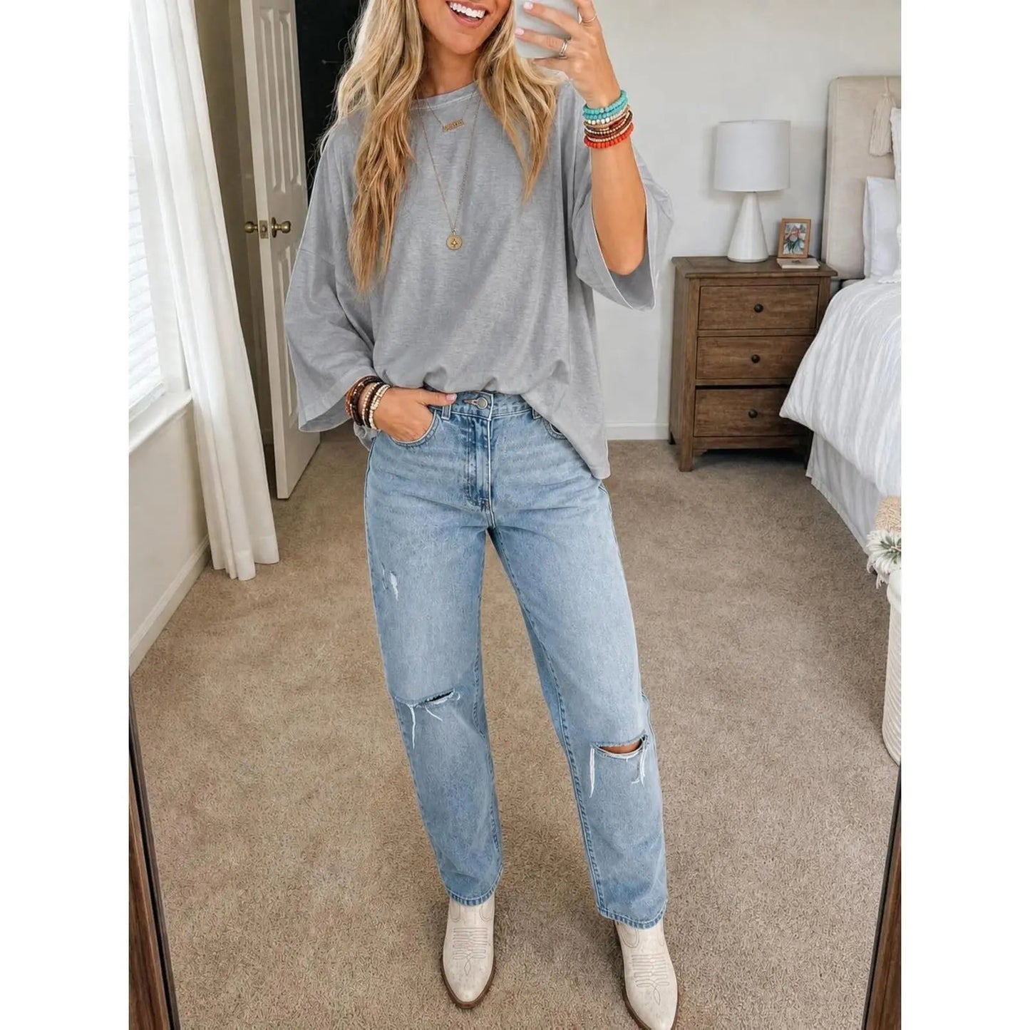 Womens Oversized T-Shirt Casual 3/4 Sleeve Summer Boxy Tops Loose Fit Crew Neck Basic Shirts