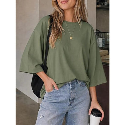 Womens Oversized T-Shirt Casual 3/4 Sleeve Summer Boxy Tops Loose Fit Crew Neck Basic Shirts