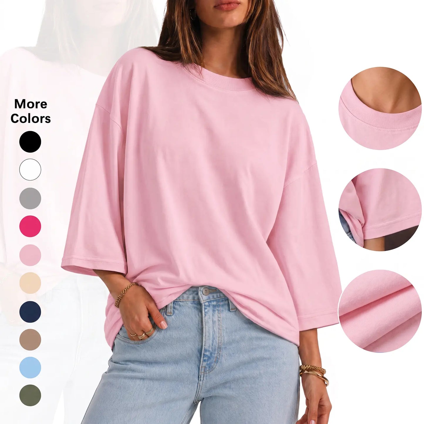 Womens Oversized T-Shirt Casual 3/4 Sleeve Summer Boxy Tops Loose Fit Crew Neck Basic Shirts
