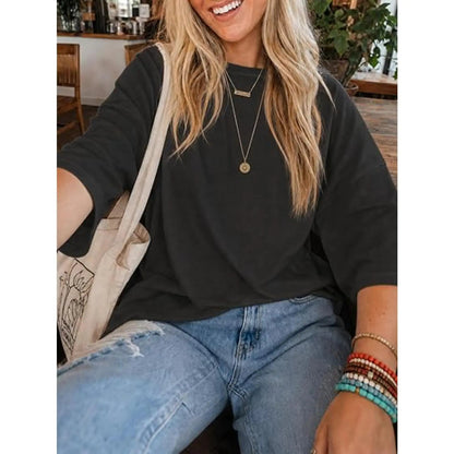 Womens Oversized T-Shirt Casual 3/4 Sleeve Summer Boxy Tops Loose Fit Crew Neck Basic Shirts