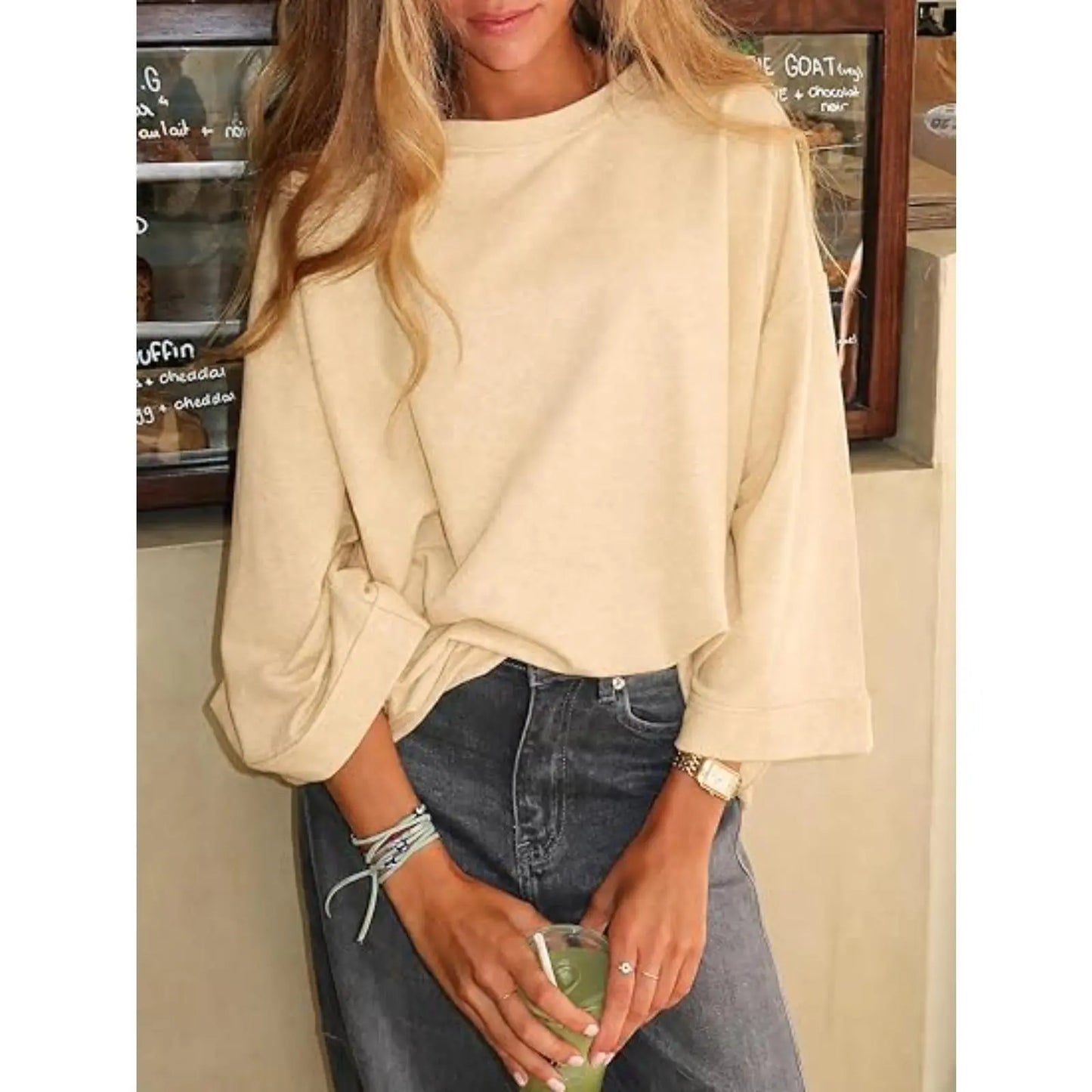 Womens Oversized T-Shirt Casual 3/4 Sleeve Summer Boxy Tops Loose Fit Crew Neck Basic Shirts