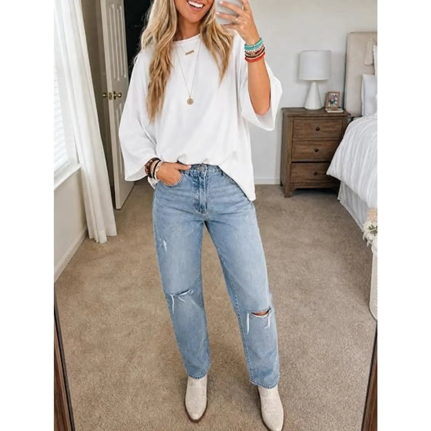 Womens Oversized T-Shirt Casual 3/4 Sleeve Summer Boxy Tops Loose Fit Crew Neck Basic Shirts