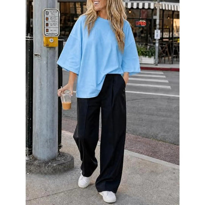 Womens Oversized T-Shirt Casual 3/4 Sleeve Summer Boxy Tops Loose Fit Crew Neck Basic Shirts