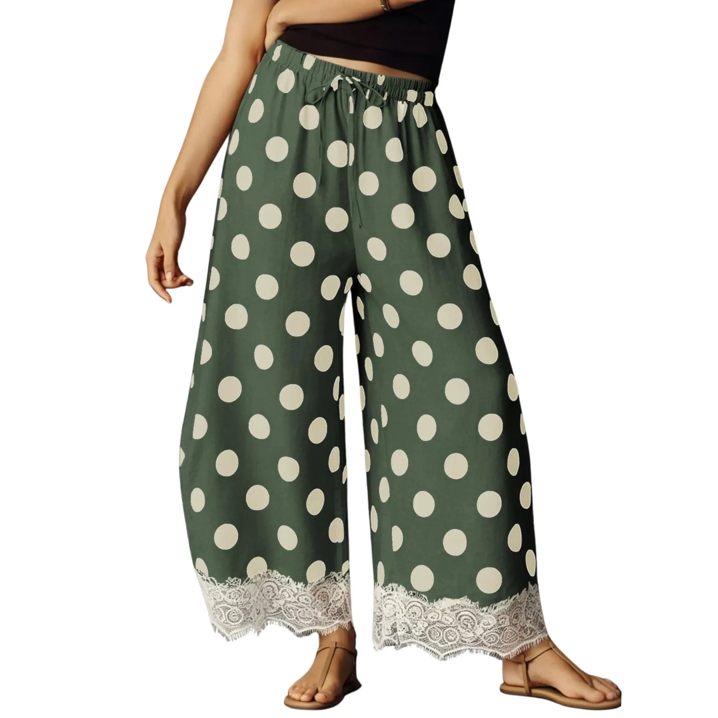 Womens Polka Dot Wide Leg Palazzo Pants High Waisted Summer Lace Trim Cropped Baggy Trousers with Pockets