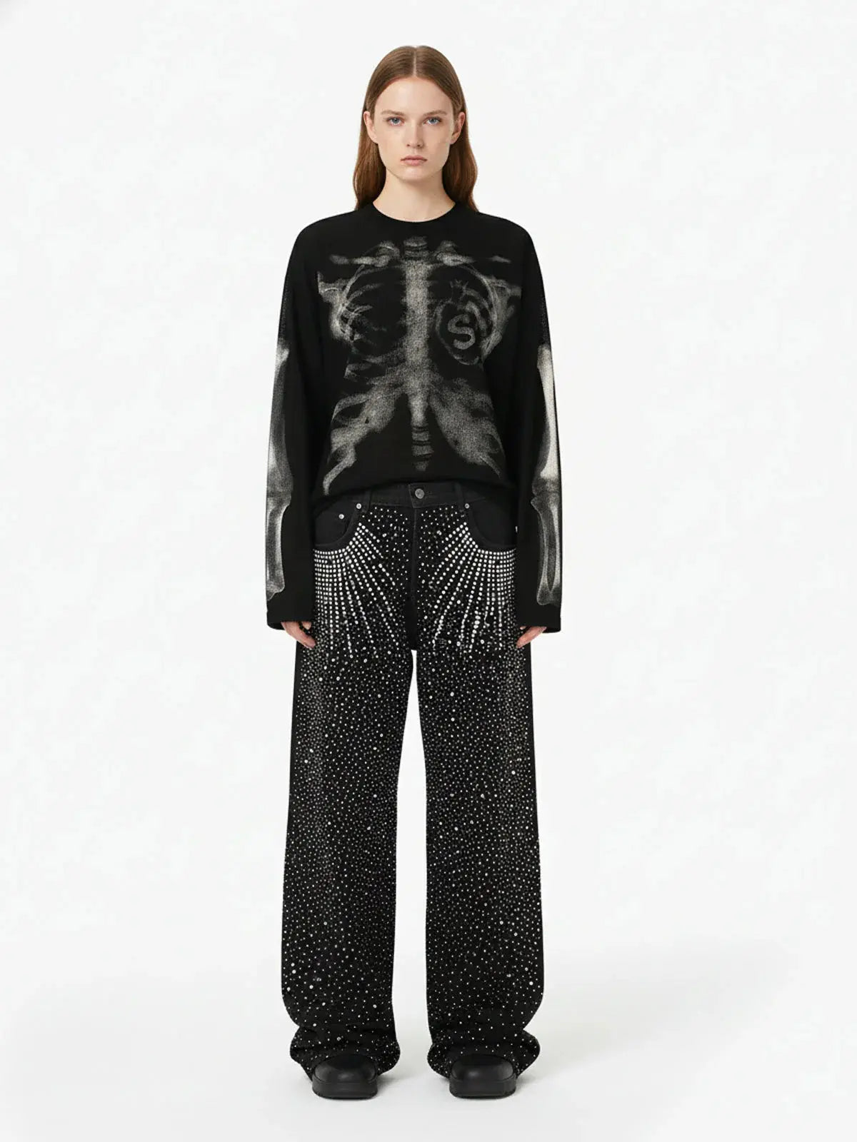 Skeleton Graphic Waffle Sweatshirt – Spooky Halloween Vibes - 2495,back to school,back to school shopping