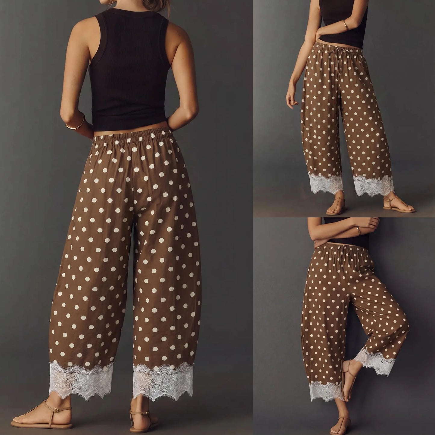 Womens Polka Dot Wide Leg Palazzo Pants High Waisted Summer Lace Trim Cropped Baggy Trousers with Pockets