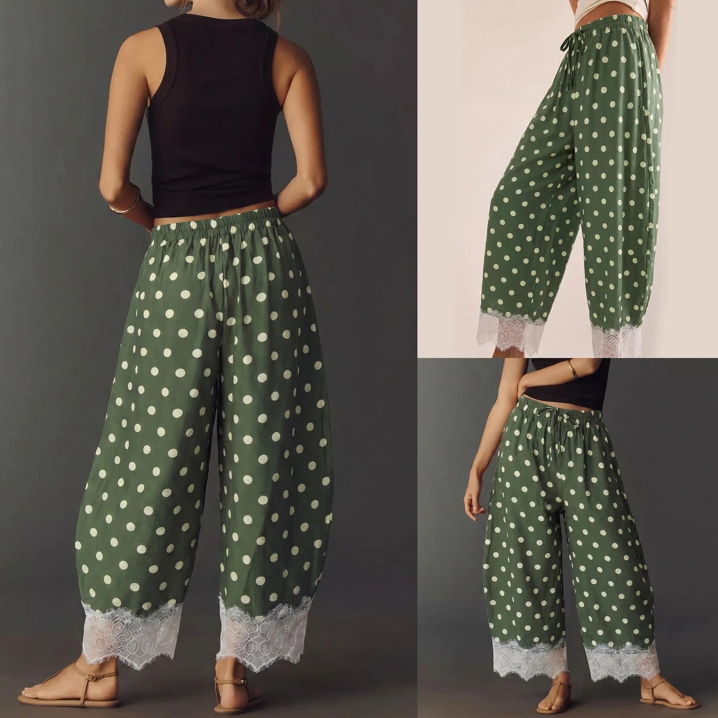 Womens Polka Dot Wide Leg Palazzo Pants High Waisted Summer Lace Trim Cropped Baggy Trousers with Pockets