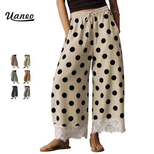 Womens Polka Dot Wide Leg Palazzo Pants High Waisted Summer Lace Trim Cropped Baggy Trousers with Pockets