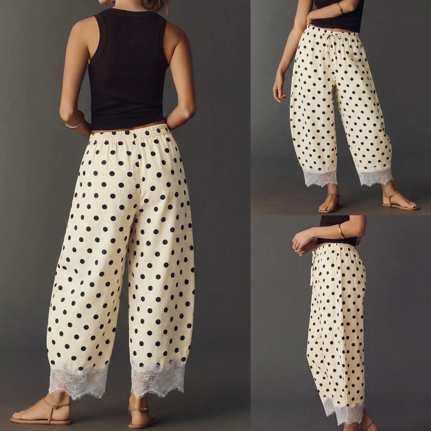 Womens Polka Dot Wide Leg Palazzo Pants High Waisted Summer Lace Trim Cropped Baggy Trousers with Pockets