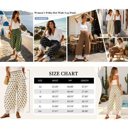 Womens Polka Dot Wide Leg Palazzo Pants High Waisted Summer Lace Trim Cropped Baggy Trousers with Pockets