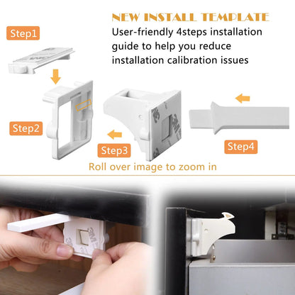 Baby Proofing Magnetic Cabinet Locks and Mom Tested Child Safety Latches includes Magnet Keys and 2 installation cradles designed for reuse on multiple locks